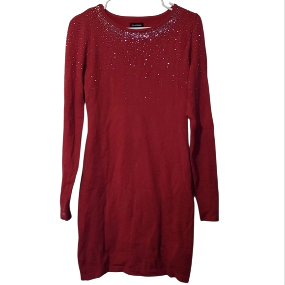Bebe Rhinestone Red Long Sleeve Crew Neck Sweater Dress - Picture 1 of 10